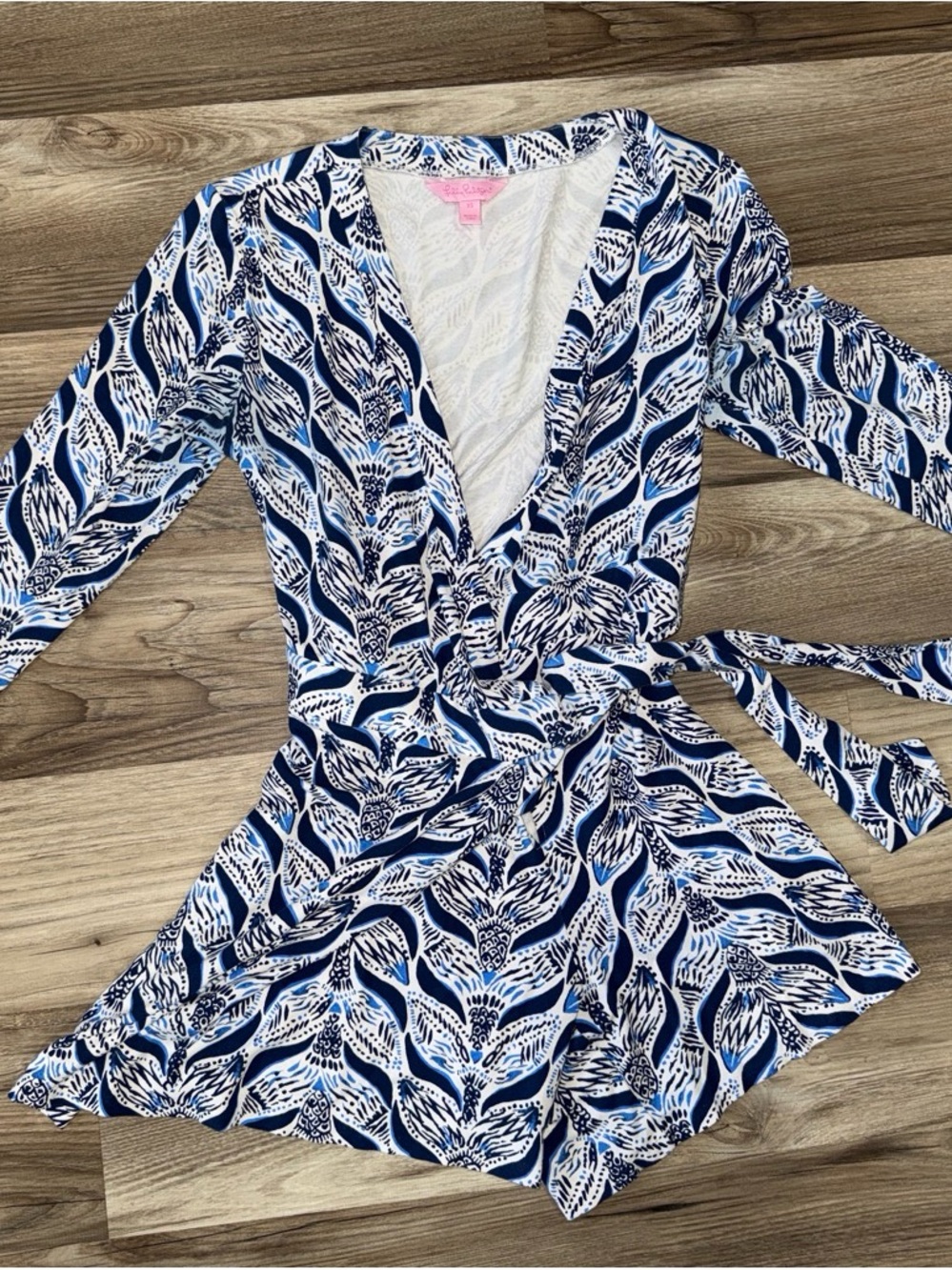 Blue & White Leaf-Print One-Piece Romper - Wrap Front